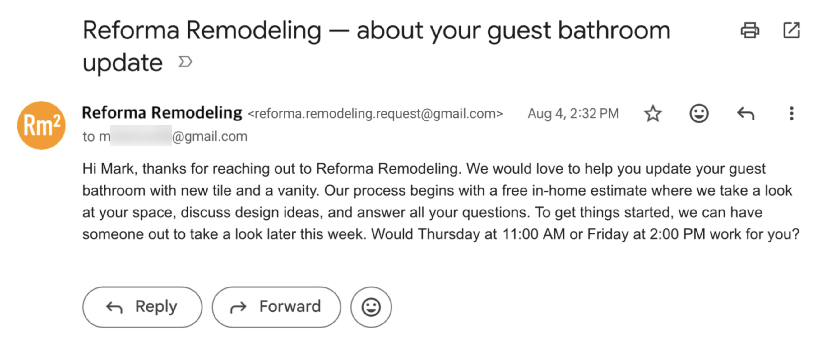 The automatic reply sent in English to an English-language lead about a guest bathroom update.