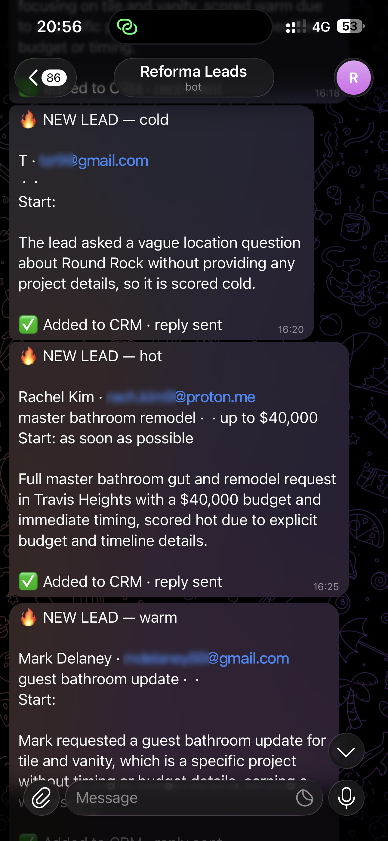Telegram messages to the manager, each headed with the lead's score and confirming it was added to the CRM and answered.