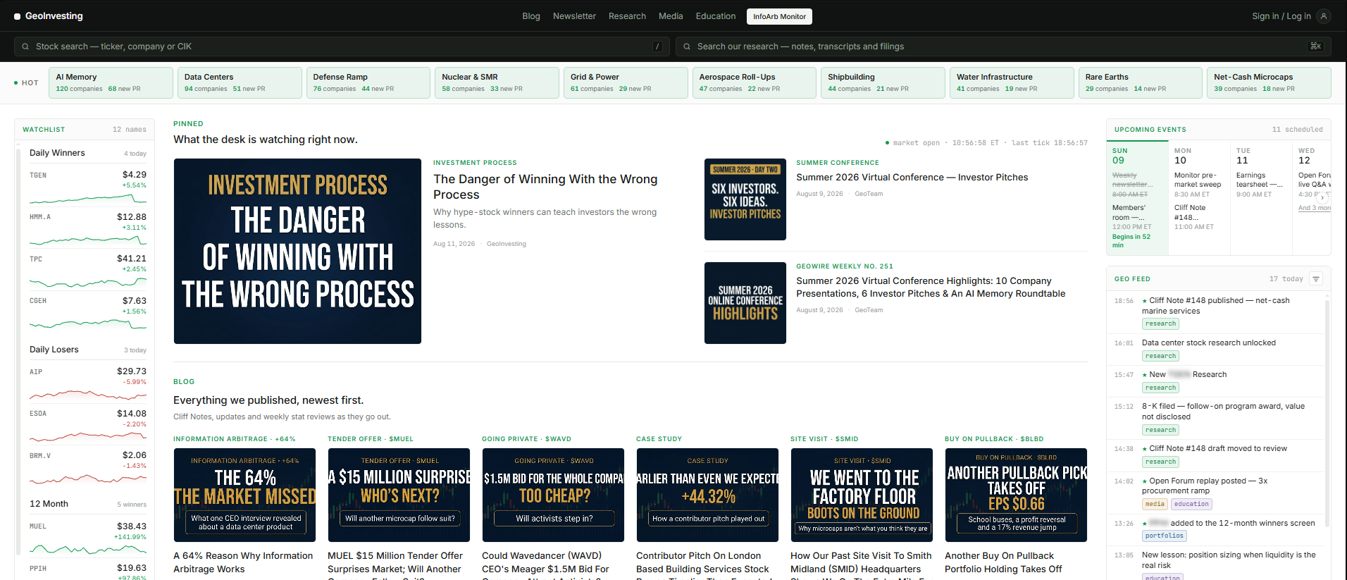 The full three-column dashboard: watchlist on the left, content sections in the centre, calendar and event feed on the right.