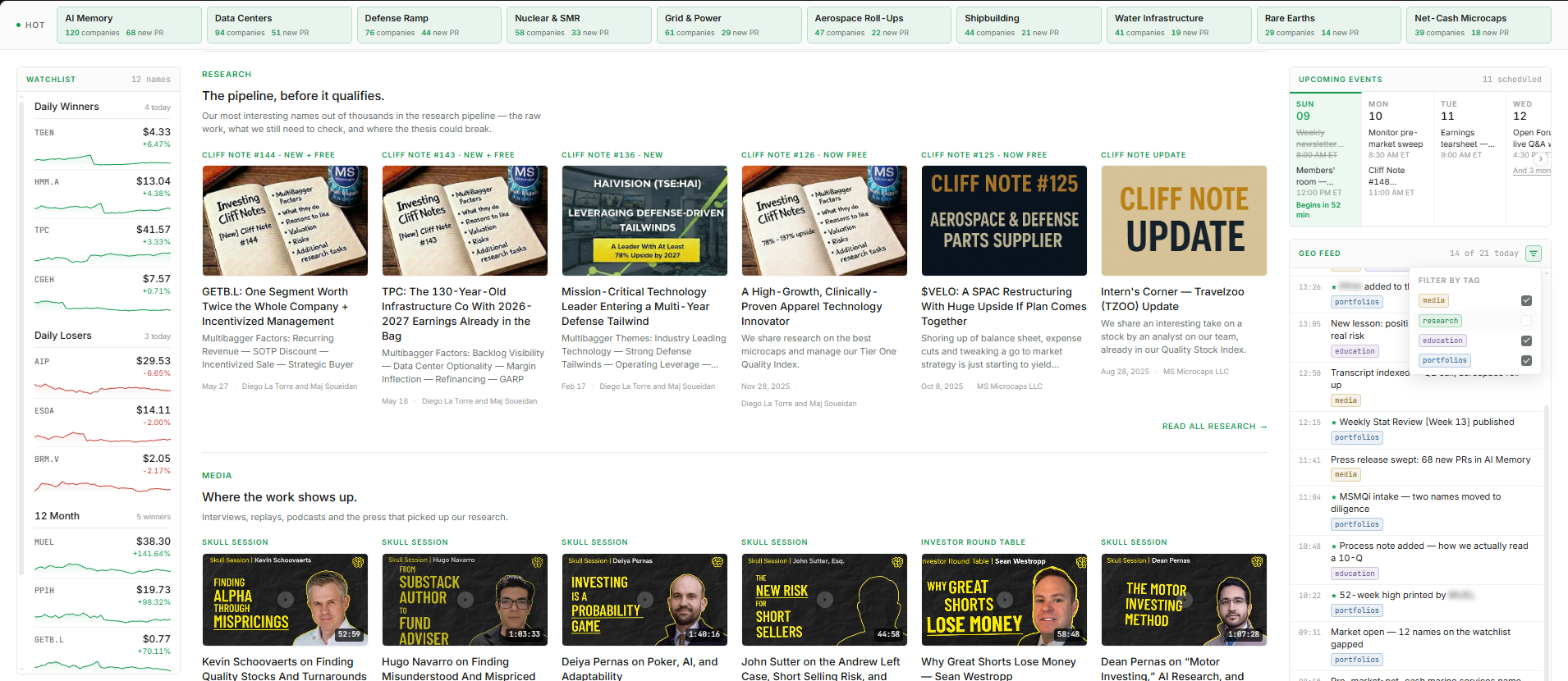 The Research and Media sections of the dashboard, with the pinned watchlist on the left and the Geo Feed's tag filter open on the right.