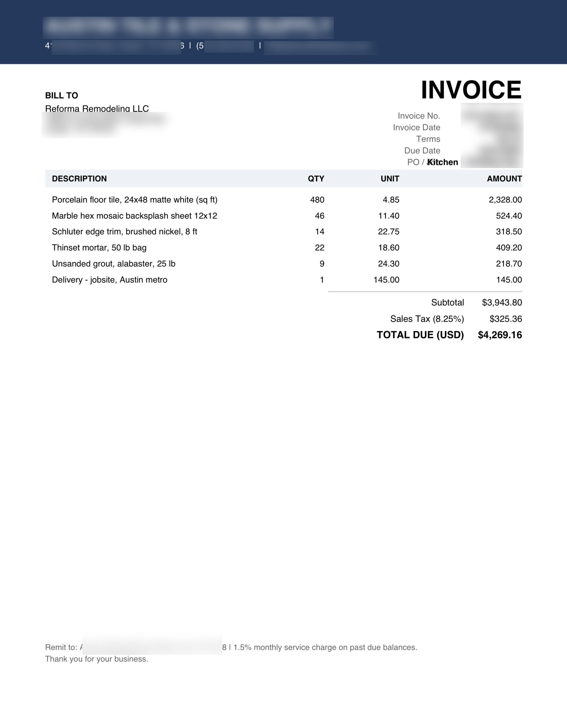 One of the source invoices the automation read: a tile supply bill with line items, subtotal, sales tax and total due.