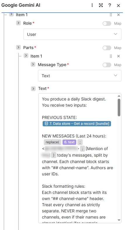 A fragment of the agent's prompt and the state it keeps in the Make Data Store between runs.